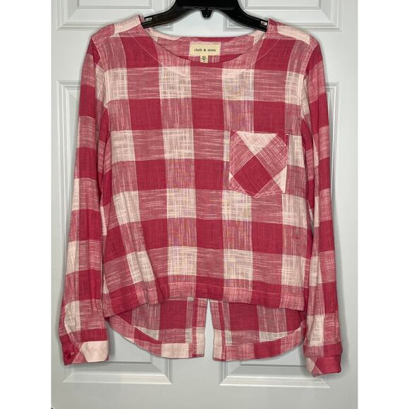 Cloth and Stone x Anthropologie Pink White Check Linen Blend Shirt Small - Picture 2 of 8